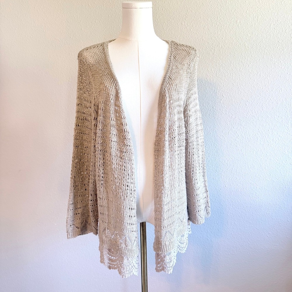 Women Large Beige Open Knit Crochet Lace Trim Boho Cardigan Sweater